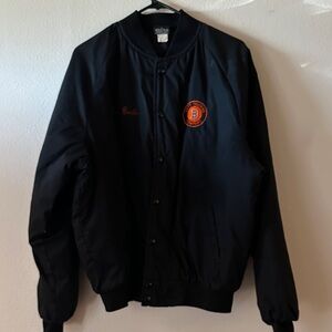 Vintage Black Bomber Trucker Forklift Jacket with Orange Logo XL Midland Texas